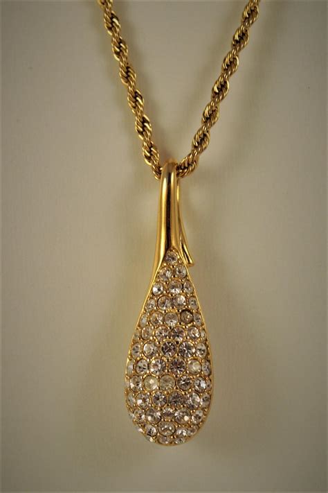Vintage Swarovski Large Crystal Teardrop Pendant And Long Gold Plated