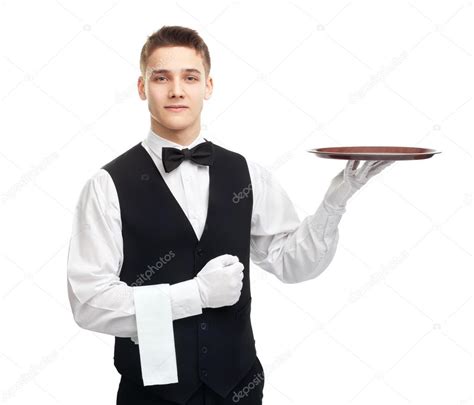 Young Smiling Waiter With Empty Tray — Stock Photo © Gladkov 33348155