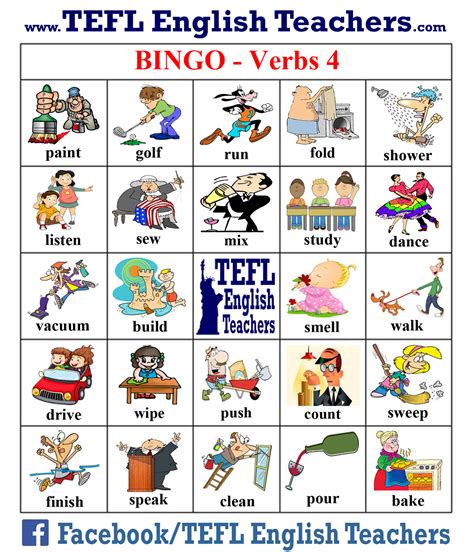 Tefl English Teachers Bingo Verbs Game Board Of Vocabulario En
