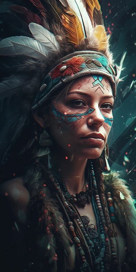 A Native American Woman With Feathers On Her Head And Makeup Is Looking