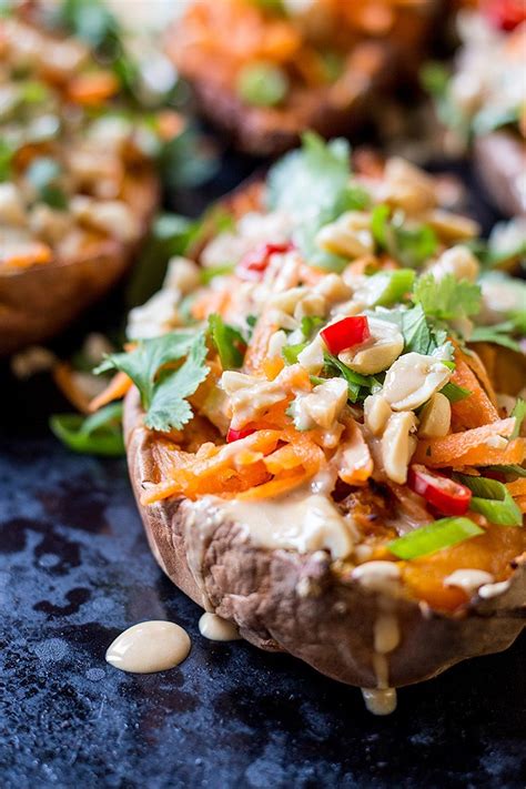 Baked until crispy and seasoned to perfection. Twice-baked sweet potatoes with easy Thai peanut sauce