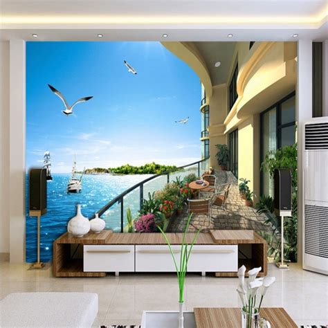 3d Balcony Sea View Seagull Room Wallpaper Landscape