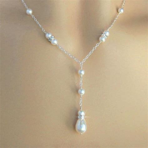 pearl necklace crystal and teardrop pearl bridal necklace in white or ivory pearls y drop