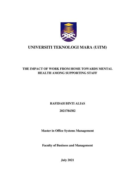 Sample Of Proposal For Dissertation Wfh Mental Health Universiti Teknologi Mara Uitm The
