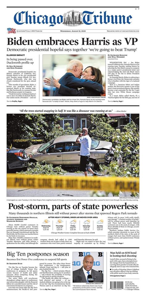 The Front Page Of Chicago Tribune With An Image Of Two People Hugging