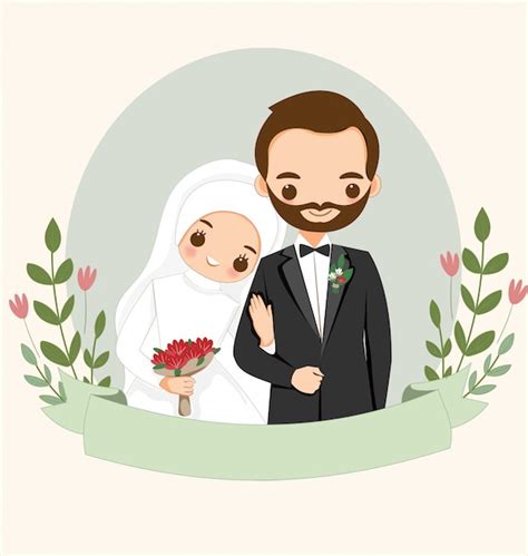 Cute Muslim Couple With Flower For Wedding Invitation Card Premium Vector