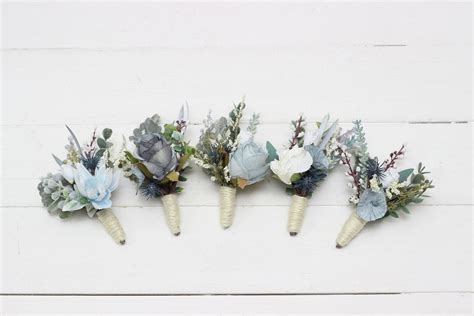 Dusty Blue White Boutonniere Floral Accessories Mens Etsy