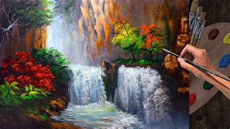 Basic Acrylic Painting Easy Waterfall In Hidden Landscape Time Lapse