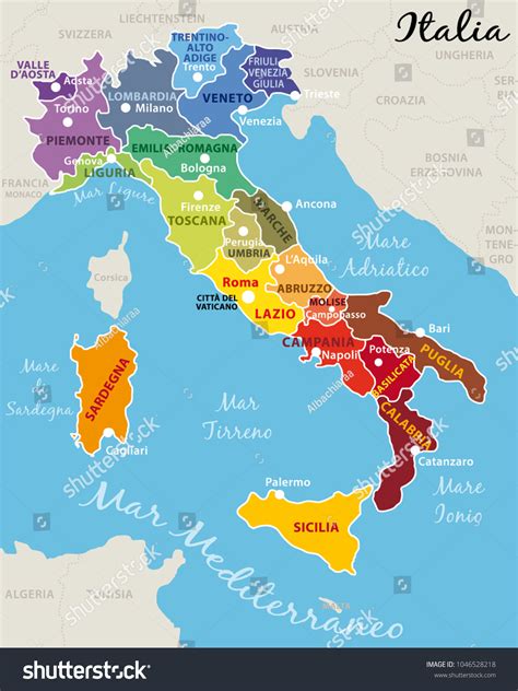 Beautiful Colorful Map Italy Italian Regions Stock Illustration