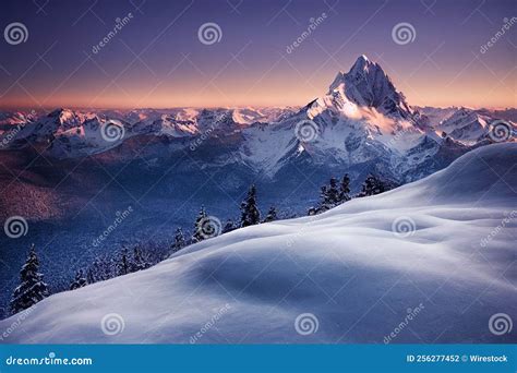 Landscape Of Icy Mountains And Forest At Sunset In Antarctica Stock