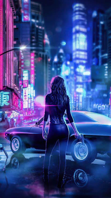 Cyber Japan Neon Lights Girl With Gun Iphone Wallpapers Iphone Wallpapers