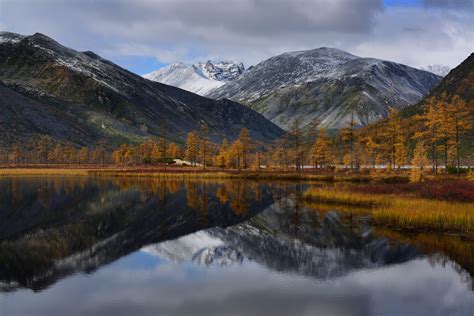 Russia Lake Landscape Nature Mirrored Reflection Mountains Clouds Snowy Peak Trees