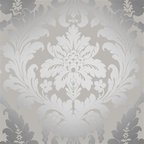 Shimmer Metallic Grande Damask Wallpaper In Soft Grey And Silver