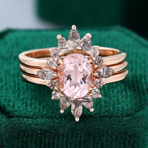 Rose Gold Oval Cut Morganite Engagement Ring Set Mollyjewelryus