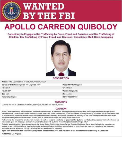 Look Fbi Releases Warrant Of Arrest For Quiboloy Over Sex Trafficking