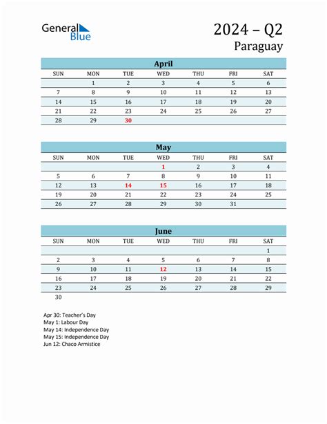 Three Month Planner For Q2 2024 With Holidays Paraguay