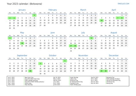 Calendar For 2023 With Holidays In Botswana Print And Download Calendar