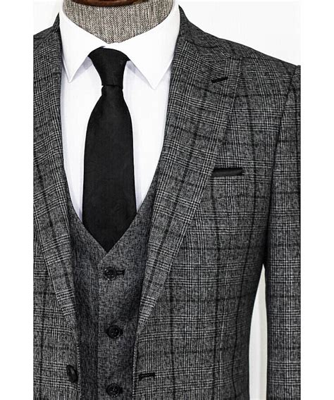 Wss Slim Fit Checked Dark Gray Men Suit Wholesale Clothing Vendors
