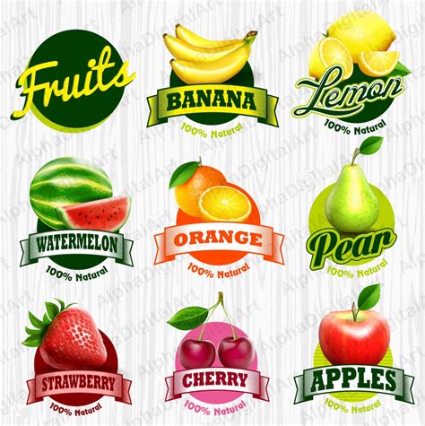 9 Fruits Labels Clipart Silver Labelsvintage Labels Retro Etsy