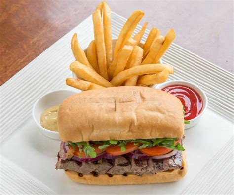 Big Steak Burger With Fries And Vlassic Sauce Stock Image Image Of