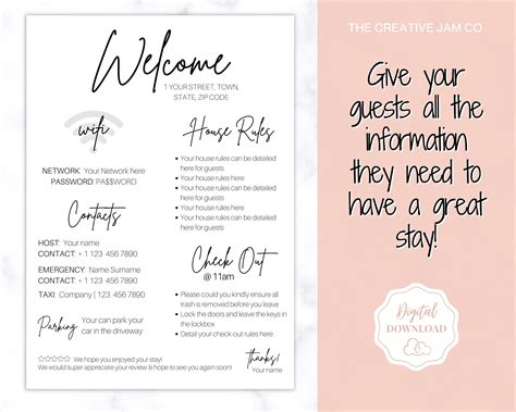 1 Page Vrbo Welcome Poster Template Airbnb Welcome Book Wifi Etsy