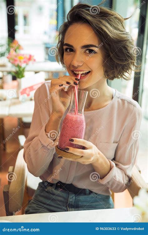 Beautiful Young Girl Drinking Smoothie Cocktail Stock Image Image Of Person Cocktail 96303633