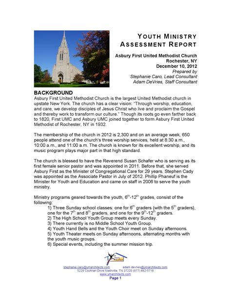 Youth Ministry Assessment Report By Asbury First United Methodist
