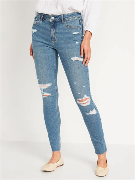 Mid Rise Rockstar Super Skinny Ripped Cut Off Ankle Jeans For Women