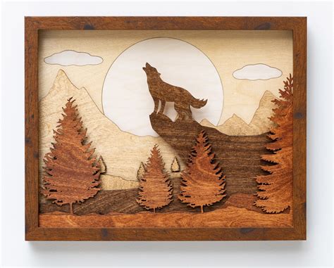 3D Laser Cut Shadow Box Wood Scene Inlaid /Howling Wolf in | Etsy