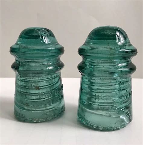 Lot 2 Vintage Hemingray No 9 Blue Sea Green Glass Insulator Patent May 2 1893 Vintage