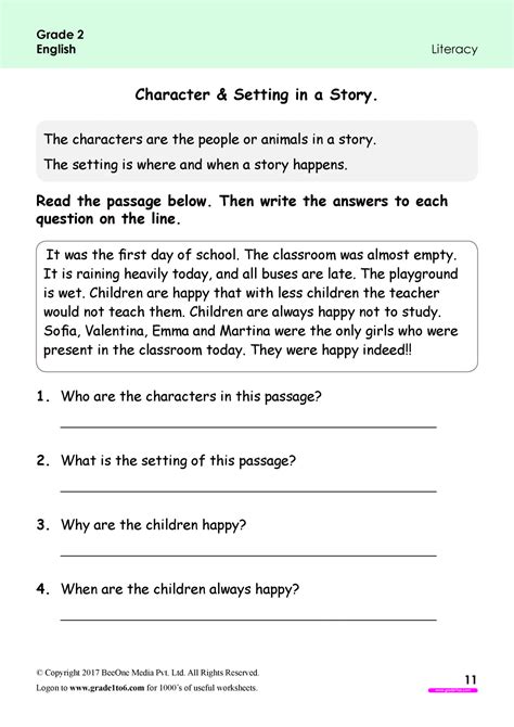 Character And Settings In A Story Worksheets