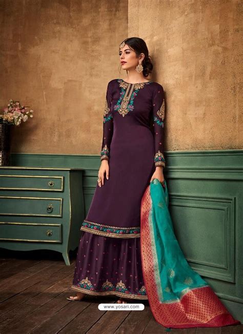 Buy Purple Satin Georgette Heavy Embroidered Designer Sarara Suit Palazzo Salwar Suits