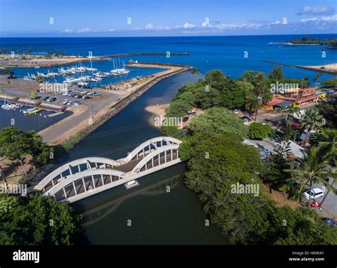 Aerial View Of Anahulu Bridge And Harbor Boat Harbor In Haleiwa On The