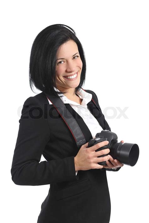 Professional Photographer Woman Holding A Dslr Camera Stock Image