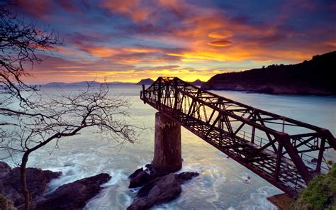 Black And Brown Wooden Table Nature Sunset Bridge Hdr Hd Wallpaper