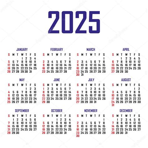 Calendario 2025 La Semana Comienza El Domingo Plantilla De Calendario