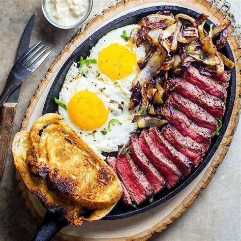 Farm To Table Perfectly Grilled Steak And Eggs With Caramelized Onion