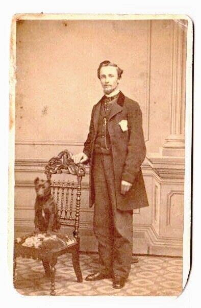 Gentleman Standing With His Dog Sitting In Chair 1860s Antique Cdv