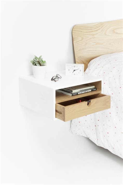 White Floating Nightstand Bedside Table Drawer In Oak Mid Century Modern