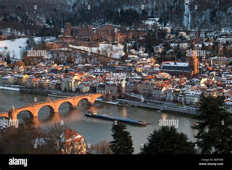 Panorama Of Heidelberg In Winter With Neckar River Castle And Boat