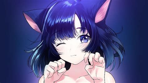 1920x1080 Anime Girl Cat Ears Neko Wink Blue Hair For Anime Kitty