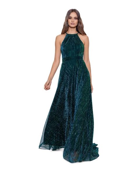 Betsy And Adam Synthetic Long Halter Metallic Crinkle Knit Gown In Green