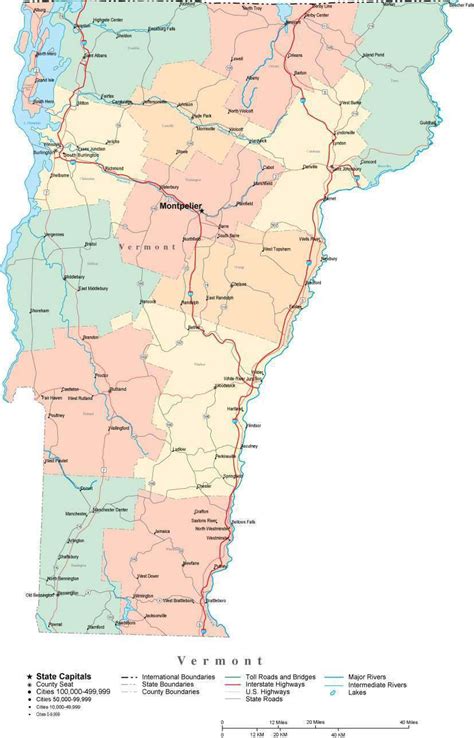Vermont Digital Vector Map With Counties Major Cities Roads Rivers