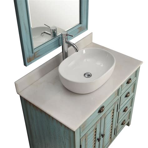 36 Distress Blue Vessel Sink Bathroom Vanity With White Over Mounted