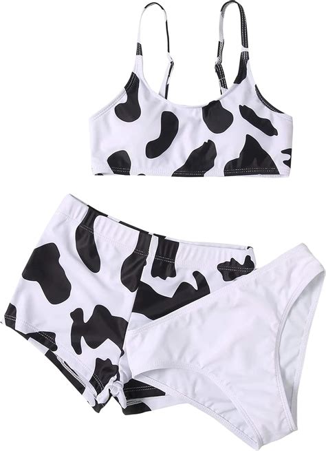 Girls 3 Piece Cow Print Tankini Swimsuits Bikini Crop Tops With Swim Shorts