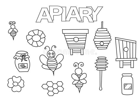 Apiary Bees And Honey Elements Hand Drawn Set Coloring Book Template