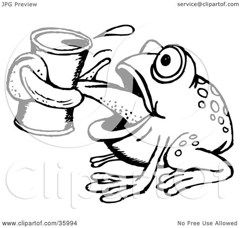 Clipart Illustration Of A Black And White Thirsty Frog Drinking From A