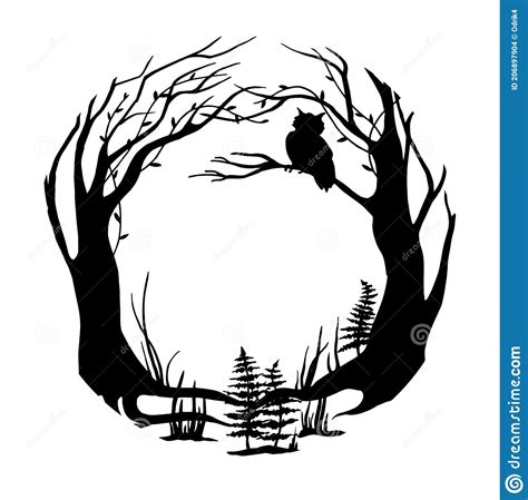 Vector Black And White Illustration Round Frame Magical Fairy Forest