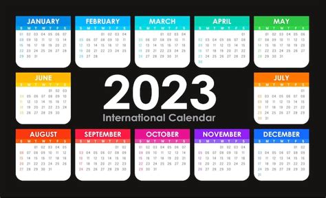 Vetor De Calendário 2023 Versão Internacional Em Inglês Colorido