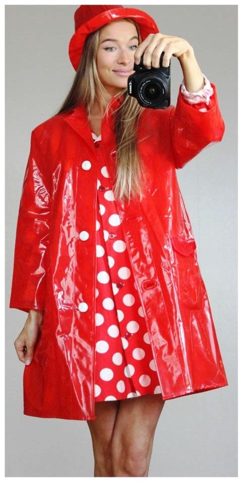 red pvc mac with matching hat red raincoat vinyl raincoat raincoat jacket mantel cape pvc